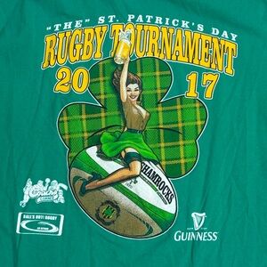 St Patrick’s Day Mens Green T Shirt Size L Rugby Tournament 2017 Shamrock Retro